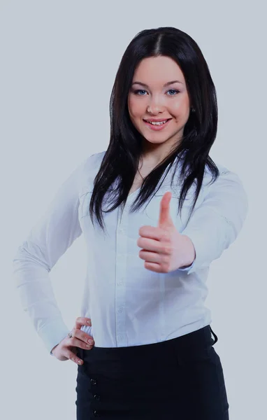 Uma mulher de negócios agarra-se ao gesto. Sorriso mulher de negócios . — Fotografia de Stock