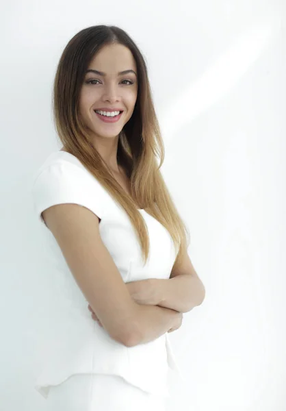 Mulher de negócios feliz sorrindo - isolado sobre um fundo branco — Fotografia de Stock