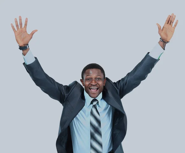 Portrait of an excited businessman with arms raised in success on white background. — Stock Photo, Image