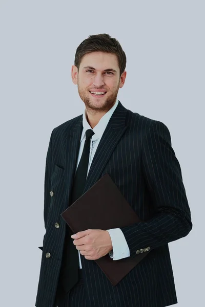 Happy affärsman stående ute på kamera, leende. Isolerad på vit bakgrund. — Stockfoto
