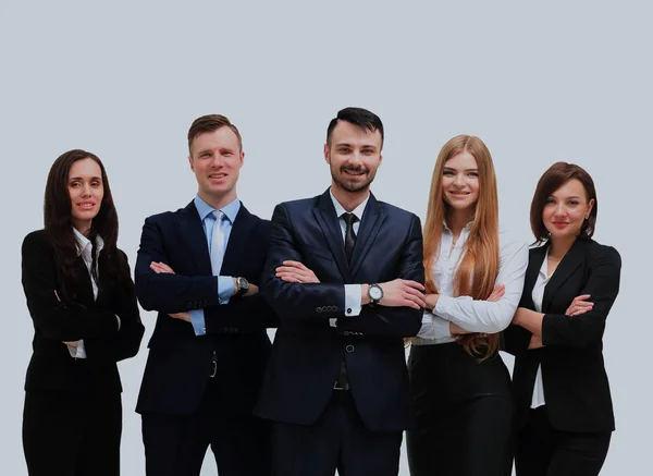 Счастливая бизнес-команда улыбается - изолированы на белом фоне . — стоковое фото