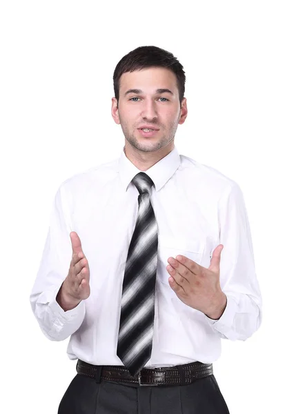 Portret van een knappe zakenman gebaren geïsoleerd op wit. — Stockfoto
