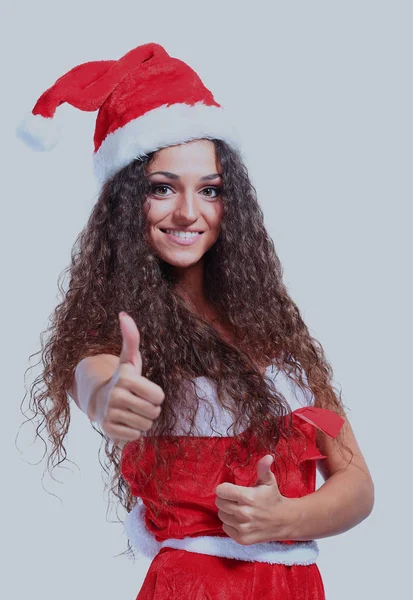 Piękna szczęśliwa kobieta w stroju Świętego Mikołaja. — Zdjęcie stockowe