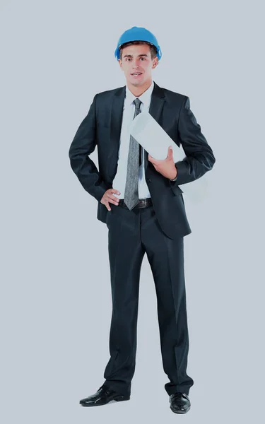 Ingeniero joven sonriendo aislado sobre fondo blanco . — Foto de Stock