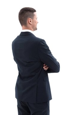 Geri bakış. Çantası olan kendine güvenen bir iş adamı.