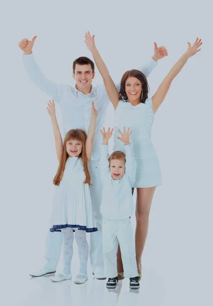 Boldog család mosolyog. Elszigetelt, mint egy fehér háttér. — Stock Fotó