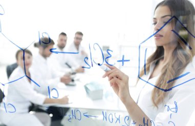 Kadın bilim adamı meslektaşlarına rapor veriyor.