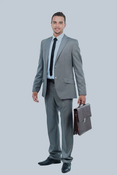 Ritratto del corpo pieno di felice uomo d'affari sorridente, isolato su sfondo bianco. — Foto Stock