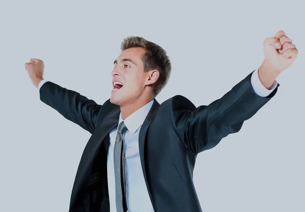 Business man throwing fists in air and smiling — Stock Photo, Image