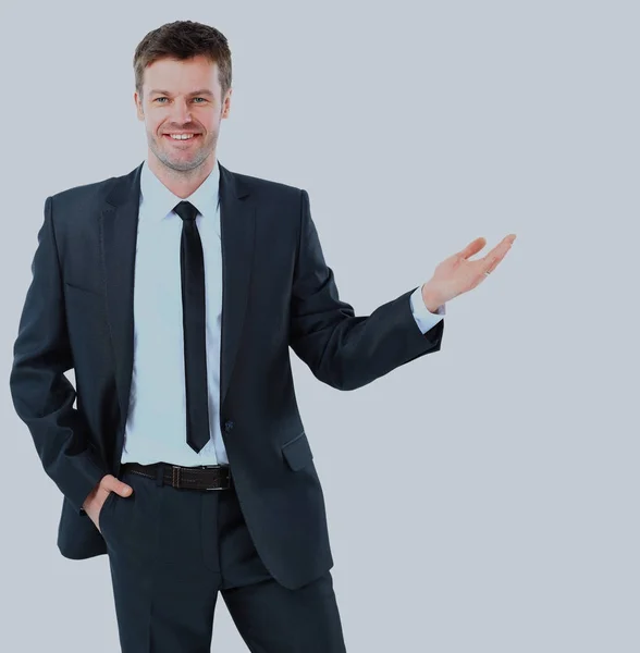 Hombre de negocios feliz presentando y mostrando en el espacio de copia . — Foto de Stock