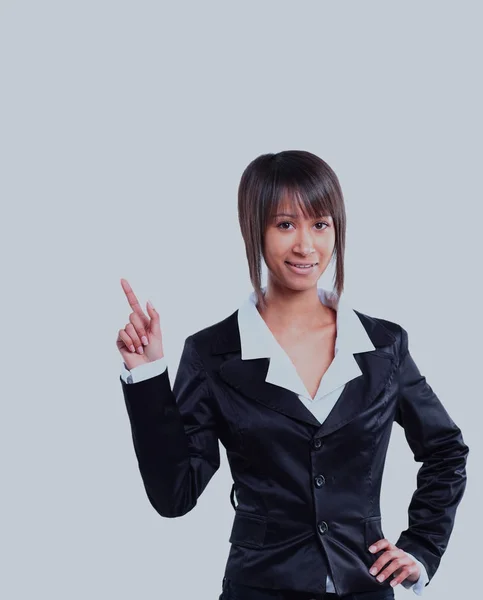 Donna d'affari che indica sfondo bianco . — Foto Stock