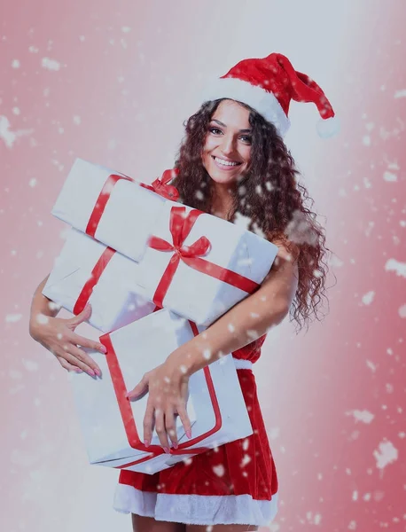 Boże Narodzenie Santa kobieta portret posiadają dary Boże Narodzenie. — Zdjęcie stockowe
