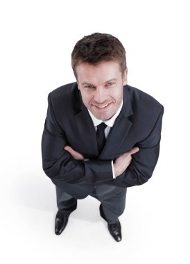 Yukarıdan bak. Başarılı iş adamı kameraya bakıyor.