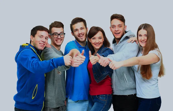 Fröhliche fröhliche Gruppe von Freunden jubelt isoliert auf weißem Hintergrund. — Stockfoto