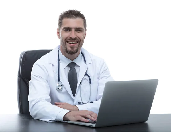 Primer plano .Dr. terapeuta sentado en el escritorio . — Foto de Stock