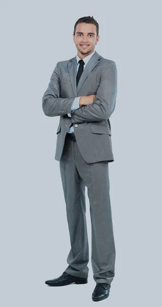 Retrato de corpo inteiro de homem de negócios sorridente feliz, isolado em fundo branco. — Fotografia de Stock