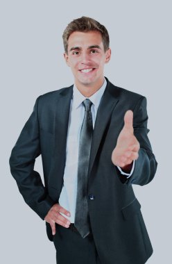 mutlu gülümseyen iş adamı için karşılıklı yardım eder.