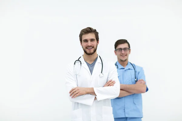 Médico confiante e assistente .isolated no branco — Fotografia de Stock