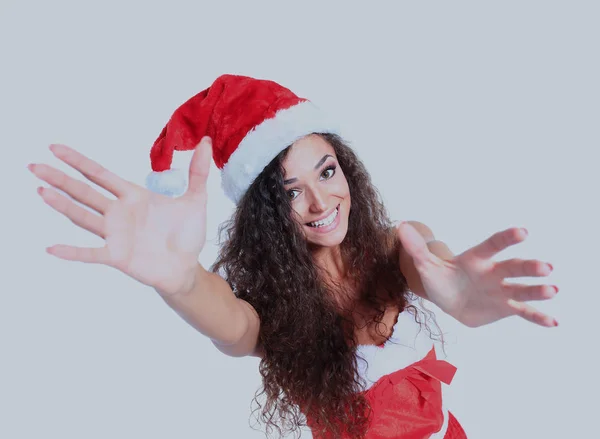 Surprised beautiful young woman in a Santa hat. Isolated on white. — Stock Photo, Image
