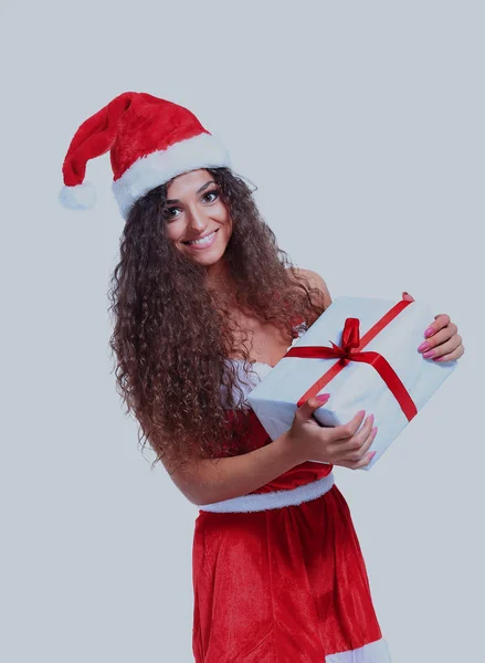 Weihnachten Weihnachtsmann isoliert Frau Porträt halten Weihnachtsgeschenk. — Stockfoto