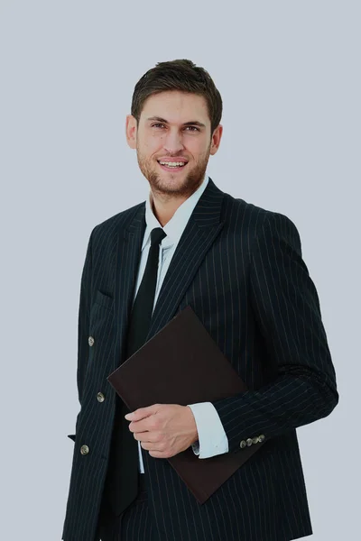 Gelukkig zakenman staande op zoek op camera, glimlachend. Geïsoleerd op witte achtergrond. — Stockfoto