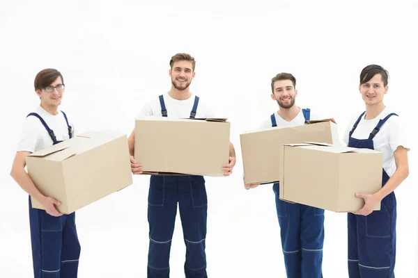 Trabajadores de la foto sosteniendo cajas al mover pisos , —  Fotos de Stock