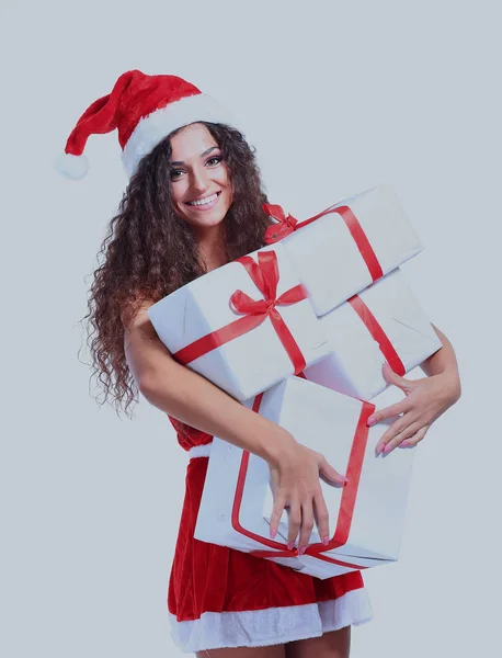 크리스마스 산타 고립 된 여자 초상화 개최 크리스마스 선물. — 스톡 사진