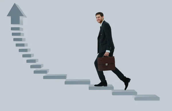 Uomo d'affari su per le scale su sfondo bianco. pronto per il vostro design . — Foto Stock