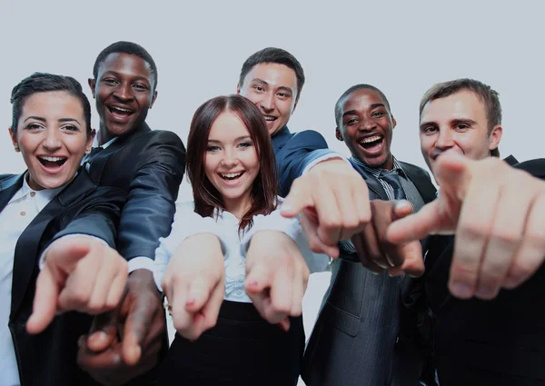 Retrato de jovens empresários animados apontando para você . — Fotografia de Stock