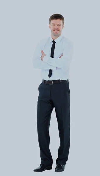 Volledige lichaam portret van gelukkig lachend jonge business man, geïsoleerd op witte achtergrond. — Stockfoto
