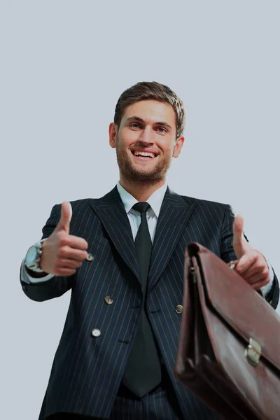 Hombre de negocios feliz va pulgares hacia arriba, aislado en blanco —  Fotos de Stock