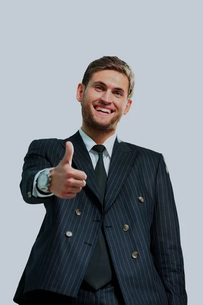 Homem de negócios feliz indo polegares para cima, isolado em branco — Fotografia de Stock