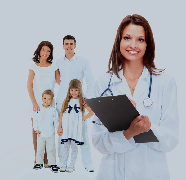 Female family doctor on the background of a happy family. Stock Picture