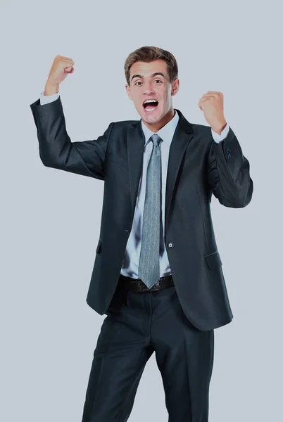 Business man throwing fists in air and smiling. — Stock Photo, Image