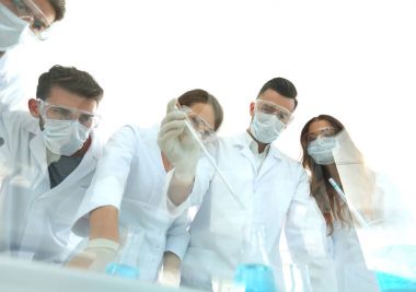 bilim adamları test tüpleri ve laboratuar mikroskobu ile çalışma