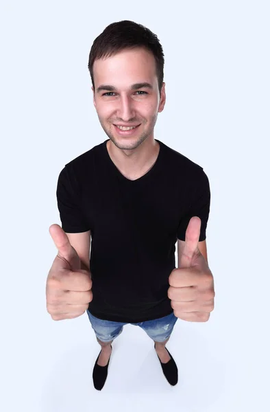 Concept of success.stylish guy with big head showing thumbs up. — Stock Photo, Image