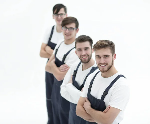 Equipe alegre de movimentadores responsáveis isolados em fundo branco — Fotografia de Stock