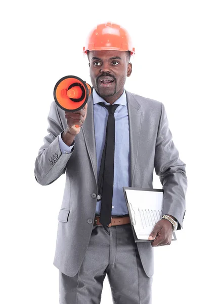 Trabalhador negro dando ordens com um megafone — Fotografia de Stock