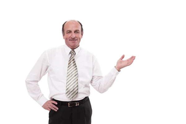 Senior businessman pointing at a copy space — Stock Photo, Image