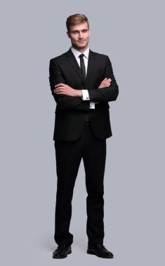 tam büyüme portre. silah ile başarılı iş adamı onun önüne geçti.