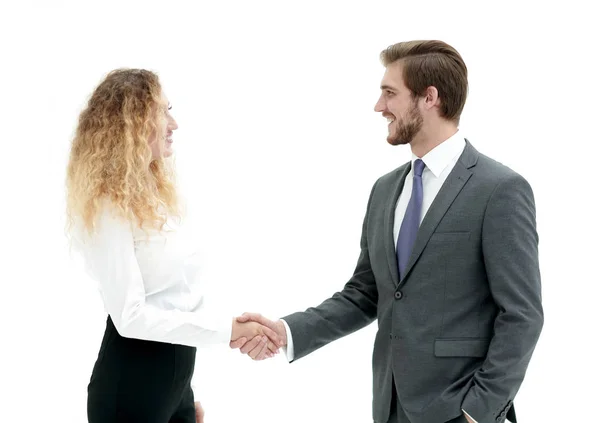 Apretón de manos de un hombre de negocios y mujer de negocios . — Foto de Stock