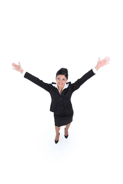 Visa från top.happy affärskvinna håller upp händerna — Stockfoto