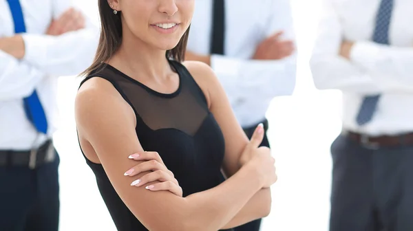 Young employee of the company, standing in front of their colleagues. — Stock Photo, Image