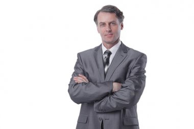 Tüm büyüme. Ceket tutan takım elbiseli ciddi adam