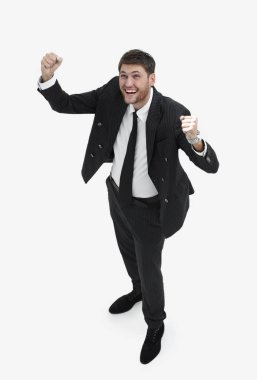 En baştan görüntüleyin. Kameraya bakarak mutlu işadamı