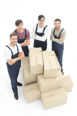 Taşıma kutuları, beyaz adam izole mutlu gülümseyen nakliyeciler
