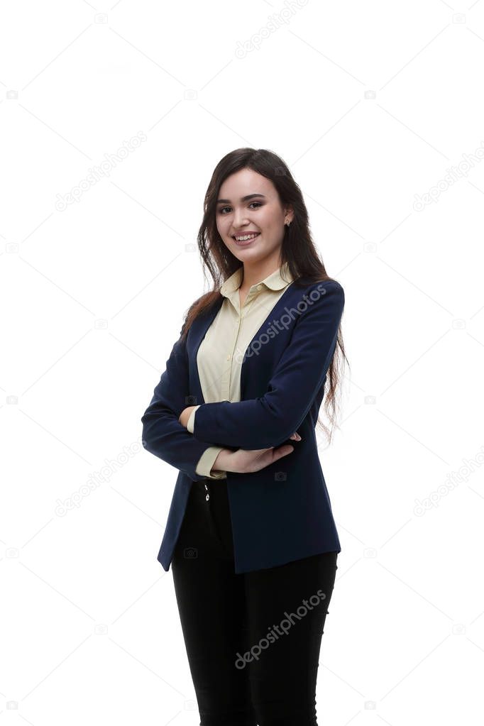 Beautiful young business woman isolated white background.