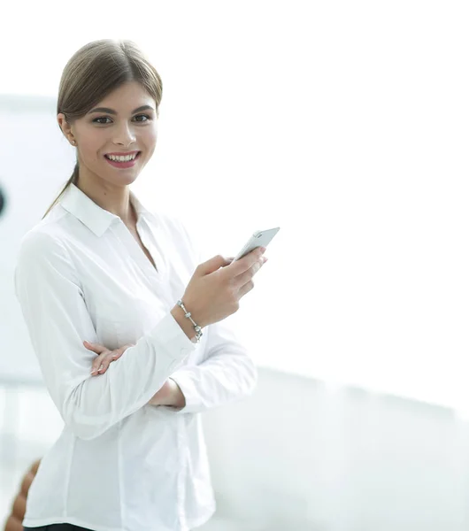 Closeup portrait young business woman, looking at cell phone — Stock Photo, Image