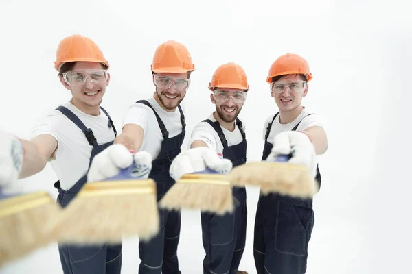Grupp av byggare med olika verktyg — Stockfoto