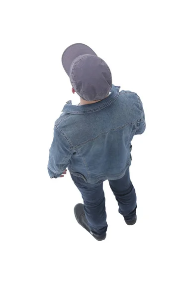 Yukarıdan görüntüleyin. bir beyzbol kap ve kot ceketli çocuk — Stok fotoğraf